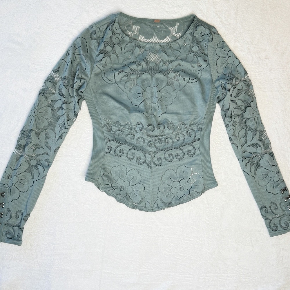 Free People Wild Roses Top Sage Green Lace Mesh Boho Fairy Festival Grunge XS/S